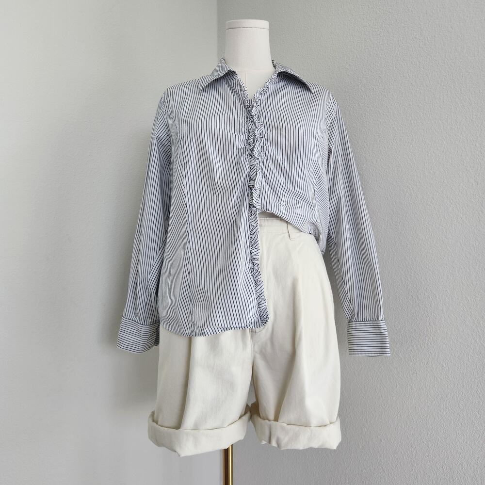 Vintage Y2K White Blue Striped Ruffle Button Down Long Sleeve Shirt Talbots L XL